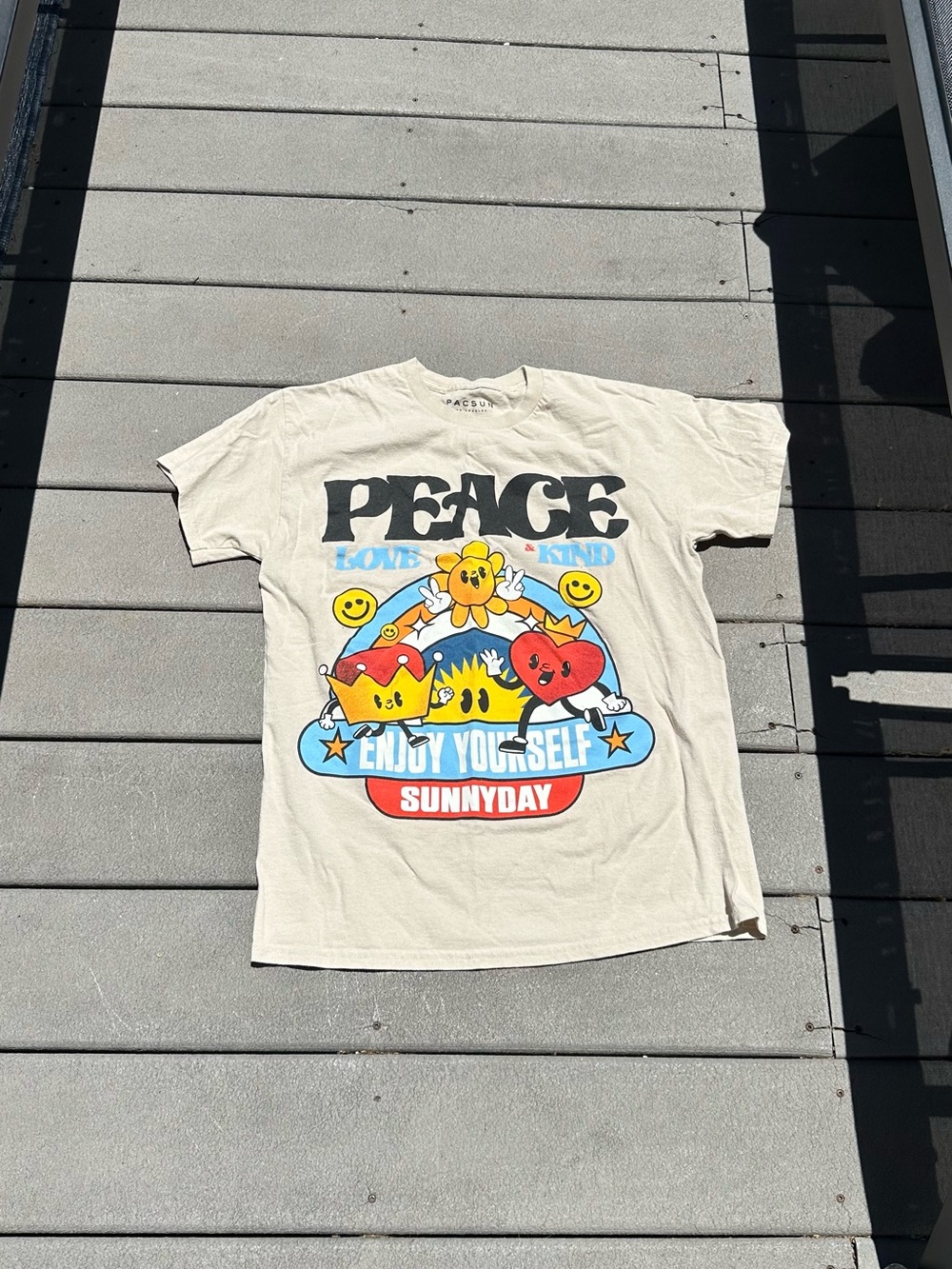 PEACE Sunnyday Graphic Tee - Beige with Colorful Print Pacsun Size Medium